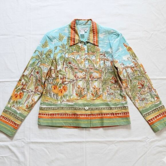 Coldwater Creek Villa Cityscape Blue Retro Linen Jacket Shacket Womens Small - Picture 1 of 16
